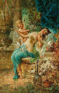 Quadro decorativo "A Flecha de Cupido" de Hans Zatzka, com uma mulher reclinada em um jardim exuberante, interagindo com um Cupido alado. Tons de verde, azul e dourado dominam a cena romântica e idílica.