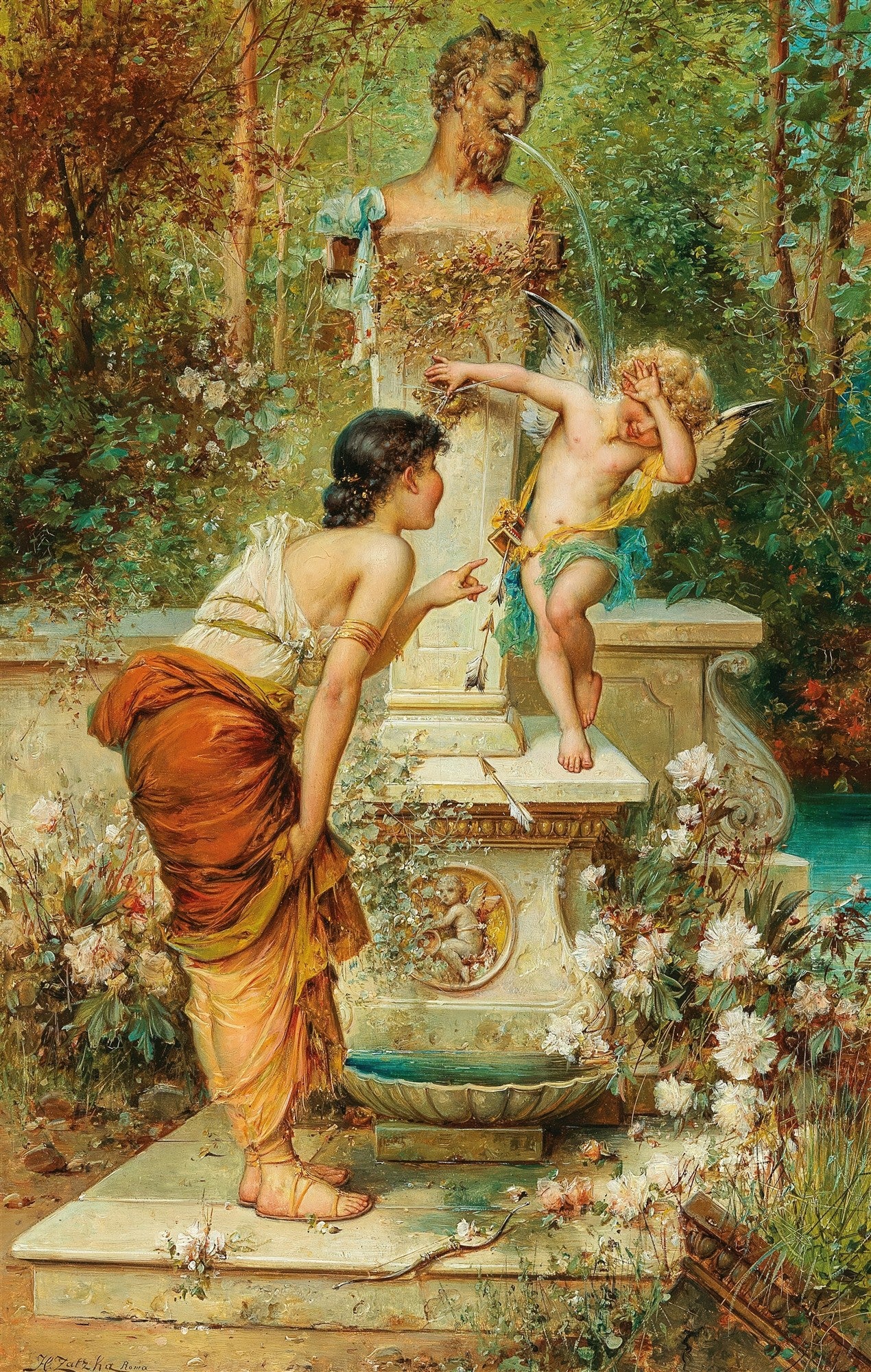 Quadro decorativo 'A Flecha Quebrada' de Hans Zatzka, mostrando uma mulher observando um Cupido travesso em um jardim com uma fonte e flores.