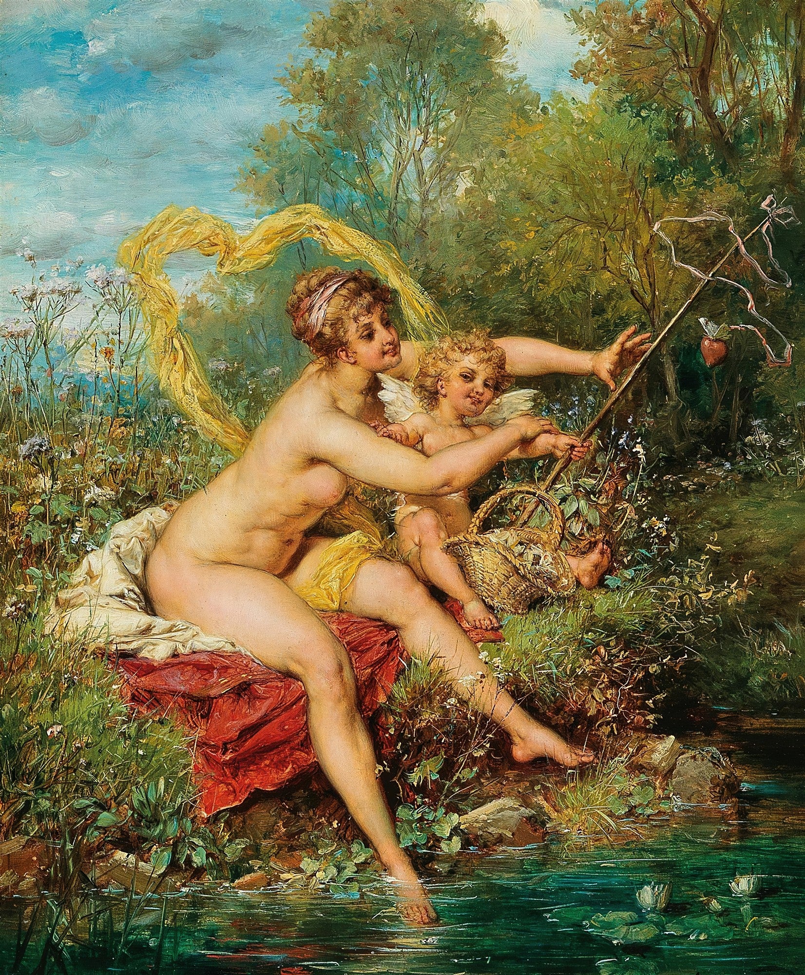 Quadro decorativo "A Oferta de Amor" de Hans Zatzka, retratando uma mulher nua e um cupido em um cenário campestre com um coração amarelo e uma maçã.