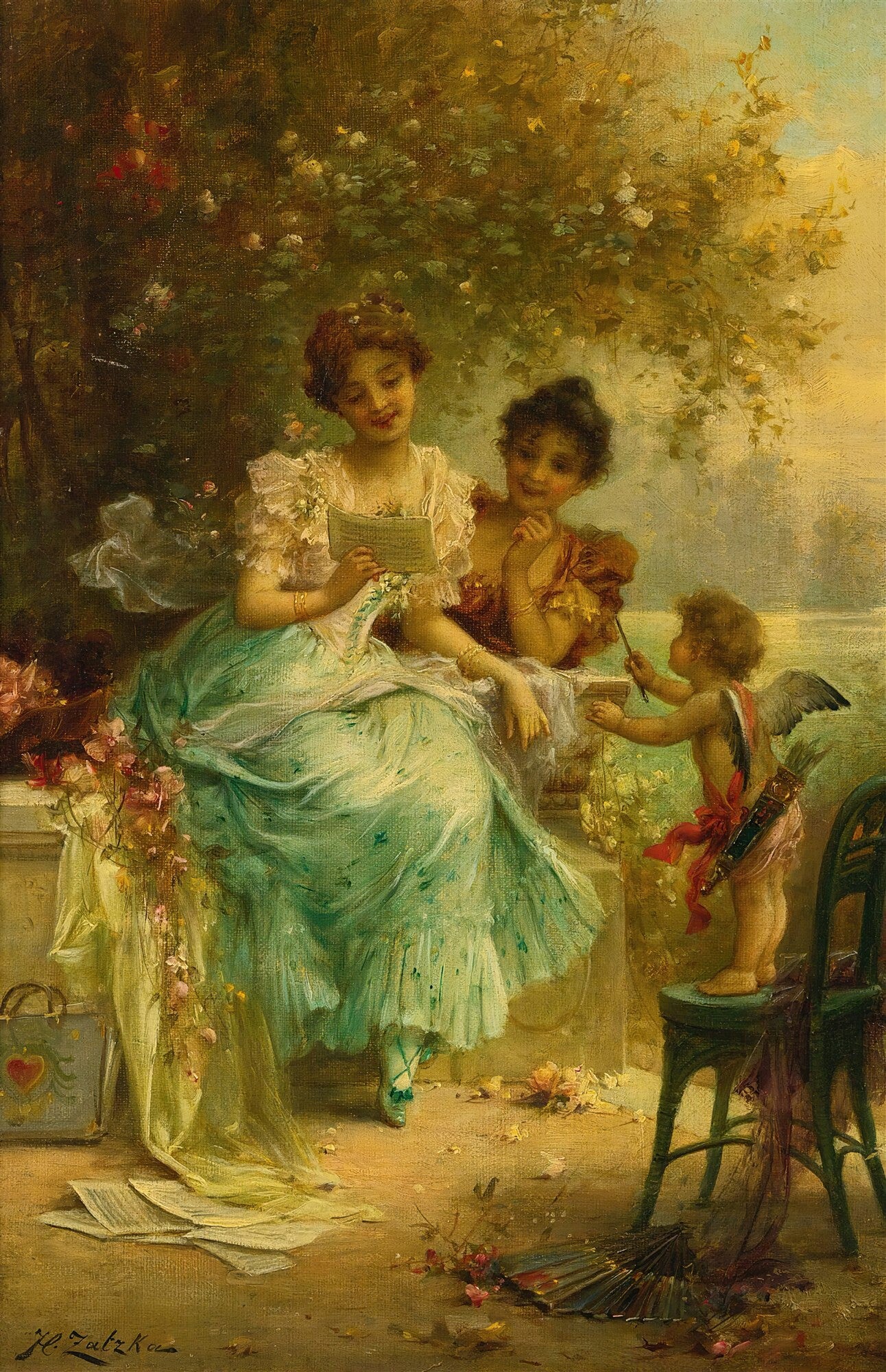 Quadro decorativo 'A Canção de Amor' de Hans Zatzka, mostrando duas mulheres lendo uma partitura e um cupido com arco e flecha, em um jardim romântico com tons de verde, dourado e rosa.