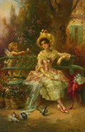 Quadro decorativo "A Oferta de Cupido" de Hans Zatzka, mostrando uma mulher sentada em um banco de jardim, com um cupido alado oferecendo-lhe uma flor, rodeados por um jardim exuberante com pássaros no chão. A cena é rica em detalhes e cores suaves.