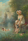 Uma pintura a óleo de Hans Zatzka mostrando uma ninfa sentada à beira de um lago, tirando um sapato, enquanto um Cupido brincalhão chapinha na água ao lado. O cenário é um jardim frondoso com árvores e folhagens, e duas andorinhas voam no céu azul.