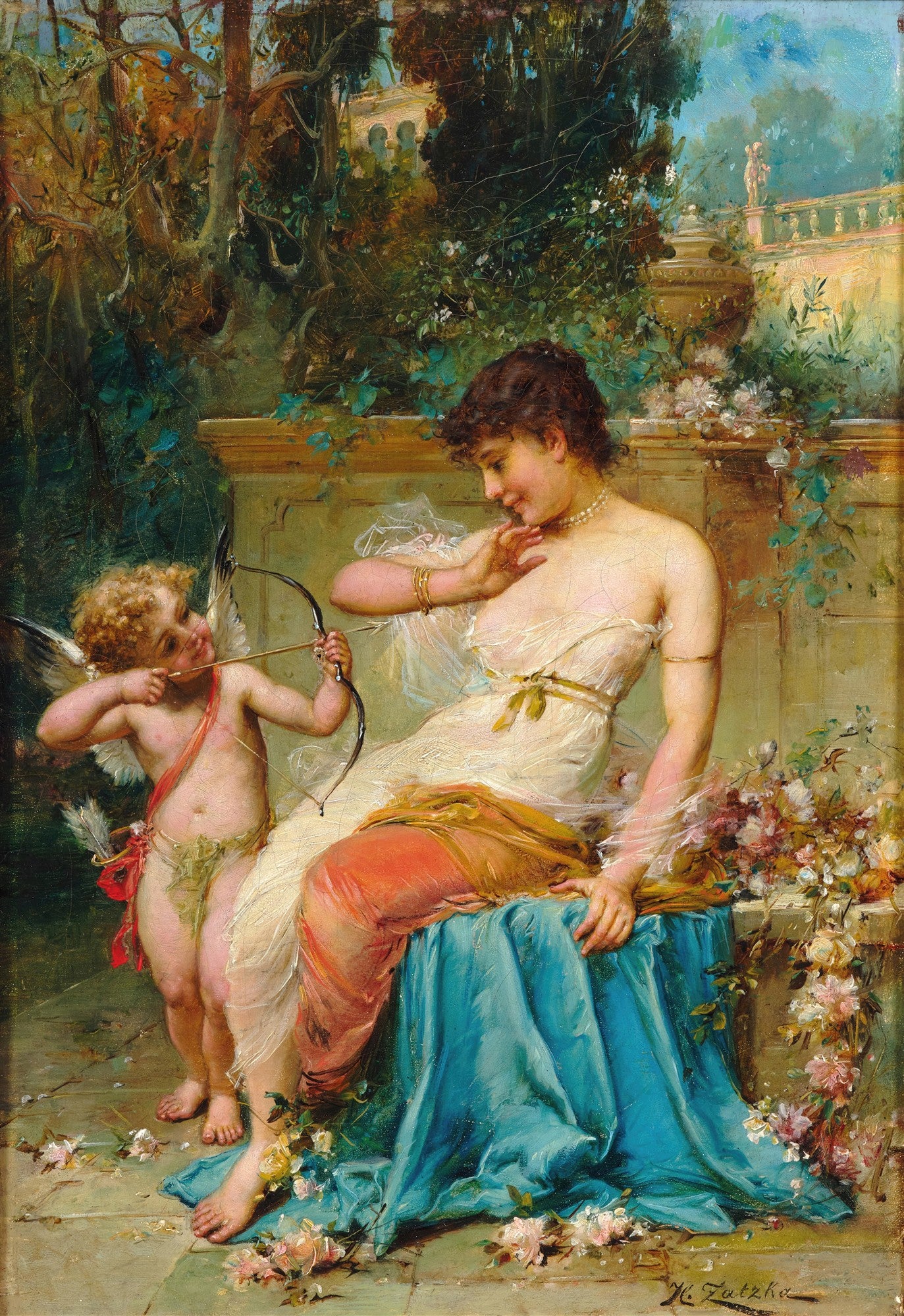 Quadro decorativo mostrando uma mulher de vestido branco sentada, observada por um Cupido com arco e flecha, em um jardim exuberante com flores e folhagens. O estilo é clássico e romântico.