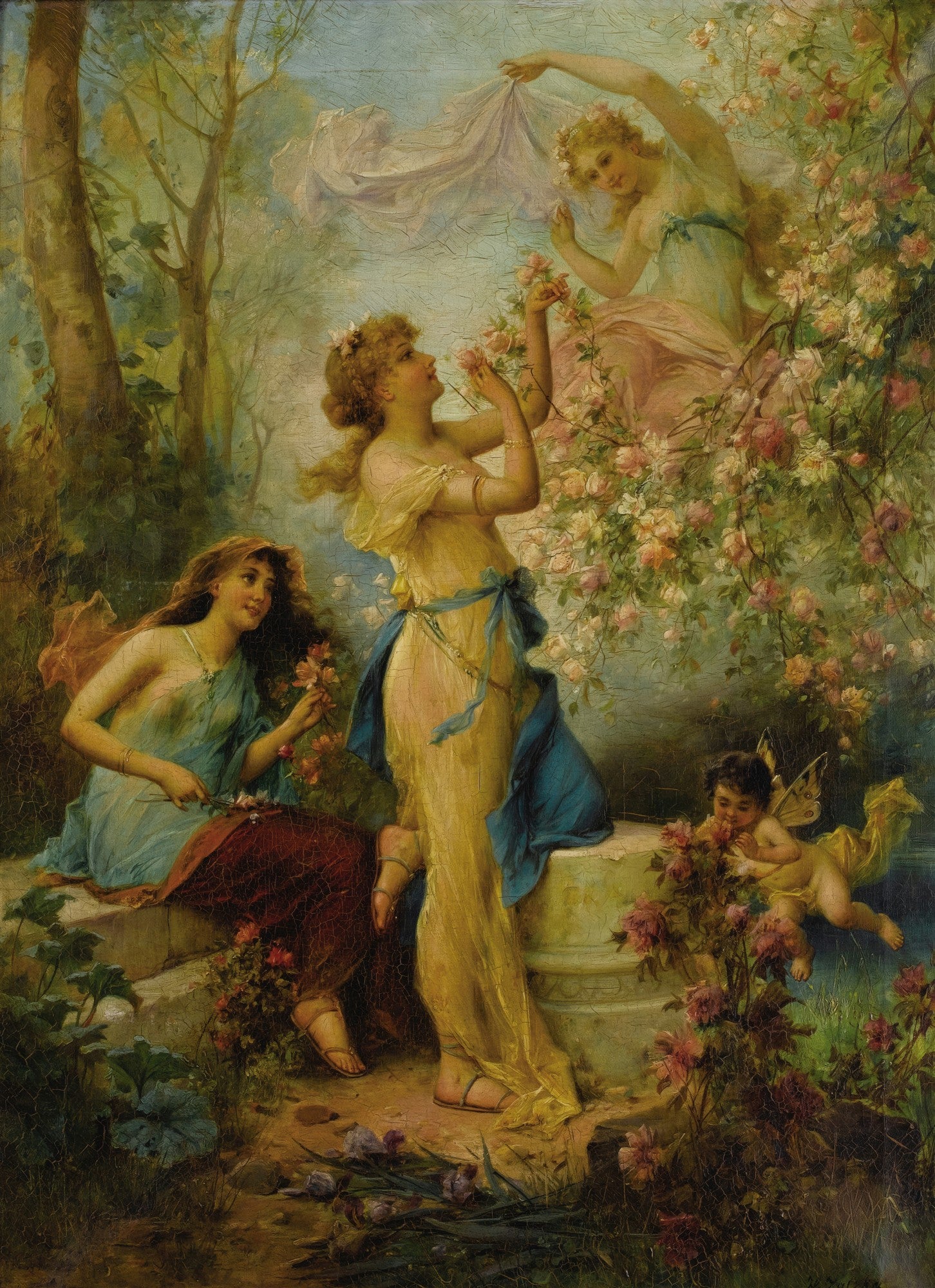 Quadro decorativo "A Oferenda das Rosas" de Hans Zatzka, mostrando três figuras femininas e um cupido em um jardim com rosas e folhagens, sob um céu azul.