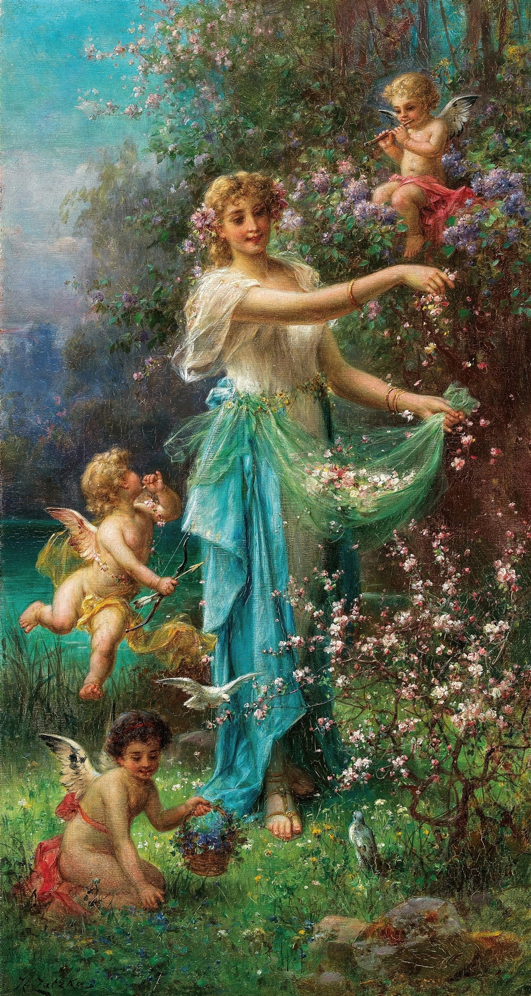 Quadro decorativo 'A Primavera' de Hans Zatzka, com uma mulher vestida de azul e branco cercada por anjos e flores em um jardim exuberante.