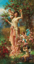 Quadro decorativo "Apanhadora de Cerejas" de Hans Zatzka, com mulher colhendo cerejas e querubins em um jardim florido.
