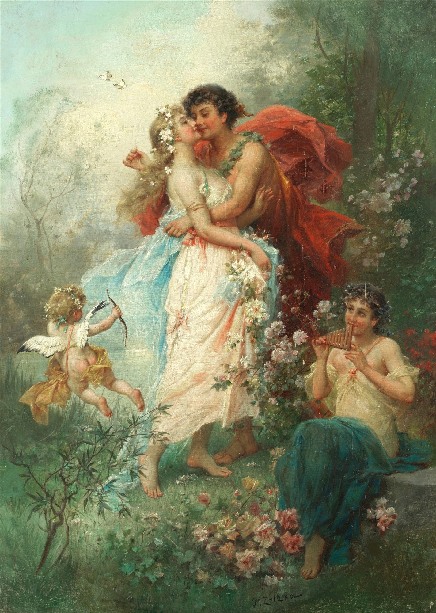 Quadro decorativo O Beijo de Cupido de Hans Zatzka, retratando um casal apaixonado em um jardim florido com Cupido e uma figura tocando flauta