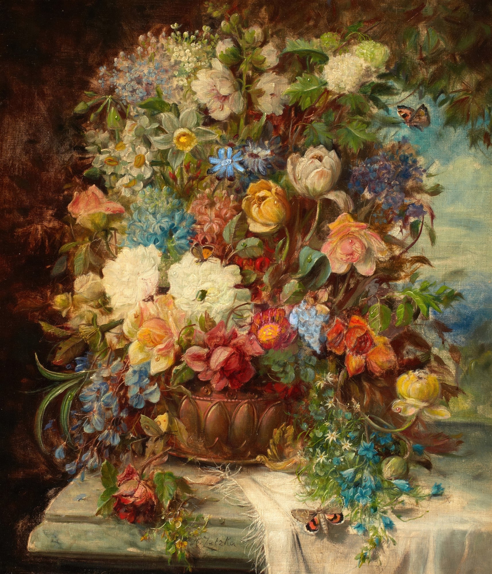 Quadro decorativo de Hans Zatzka com um vaso transbordando flores coloridas como rosas, lírios, hortênsias, e borboletas. Paleta rica em tons pastel e terrosos.