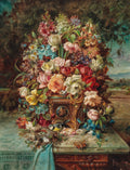 Quadro decorativo com cesto de flores exuberante, borboletas e pássaro com ninho, estilo clássico, atribuído a Hans Zatzka.