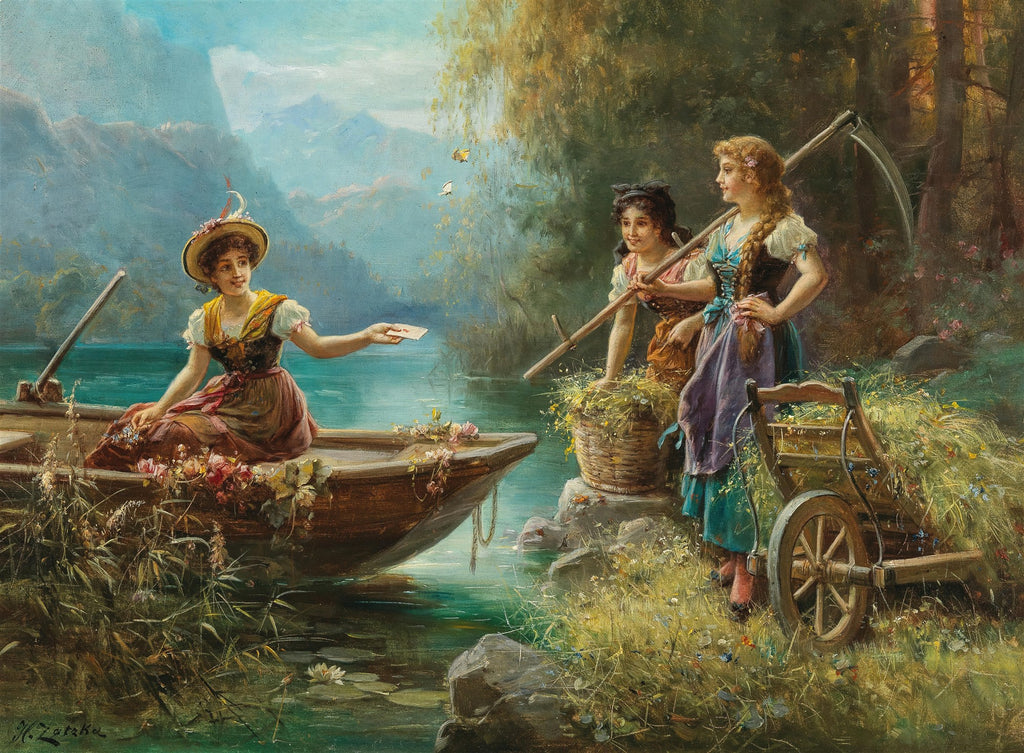 Quadro 'A Oferta de Flores' de Hans Zatzka, retratando três mulheres em uma paisagem idílica. Uma mulher em um barco oferece flores a outras duas na margem de um lago, cercadas por vegetação e montanhas ao fundo.