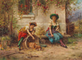 Quadro decorativo mostrando duas jovens camponesas com roupas tradicionais, uma acariciando um cão adormecido em um barril, em um cenário campestre florido, obra de Hans Zatzka.