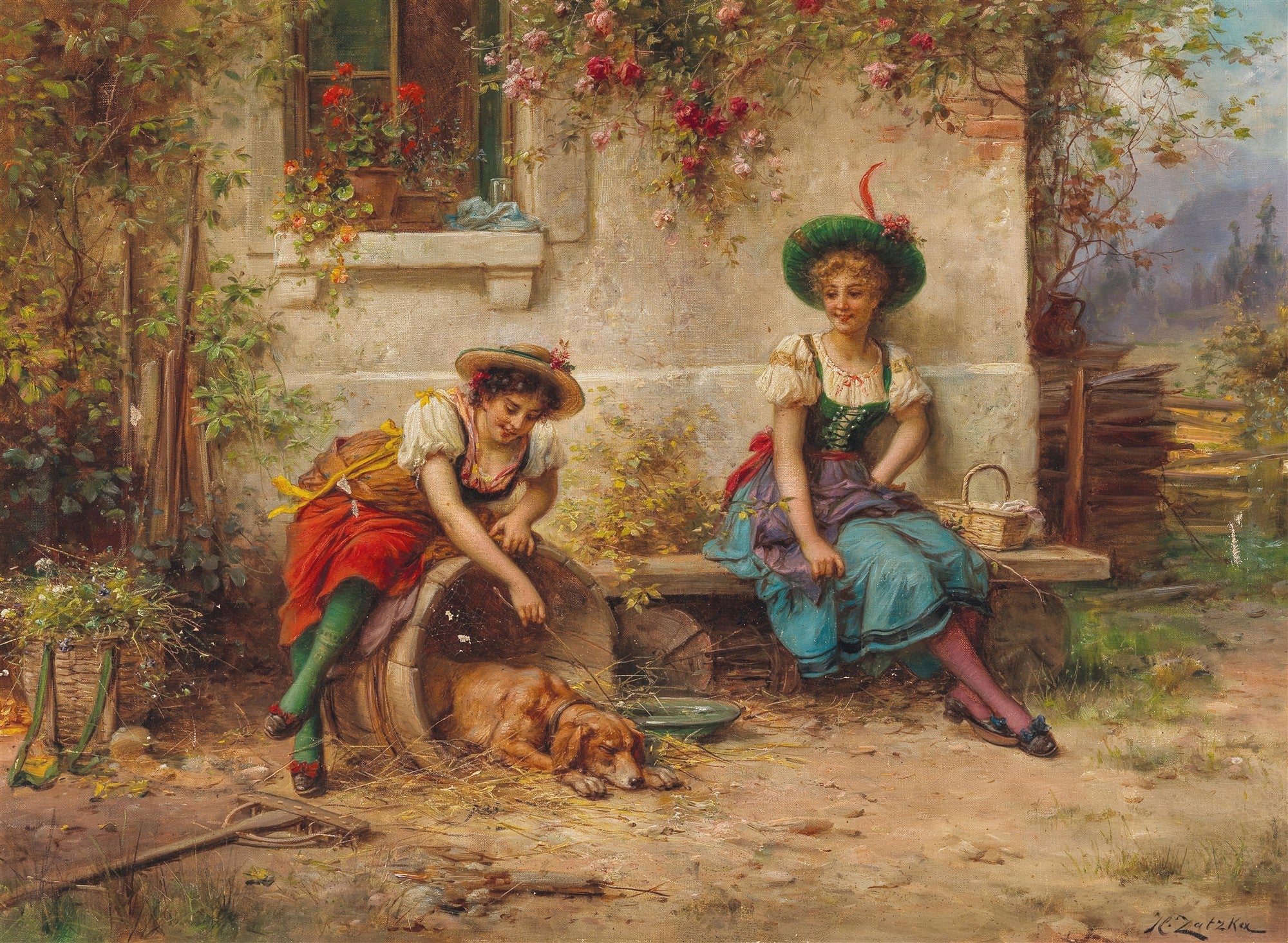 Quadro decorativo mostrando duas jovens camponesas com roupas tradicionais, uma acariciando um cão adormecido em um barril, em um cenário campestre florido, obra de Hans Zatzka.
