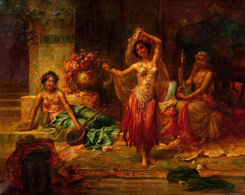 Quadro decorativo com três mulheres em um ambiente oriental, uma dançando com véus e joias, outras duas observando. Cores vibrantes e detalhes luxuosos.