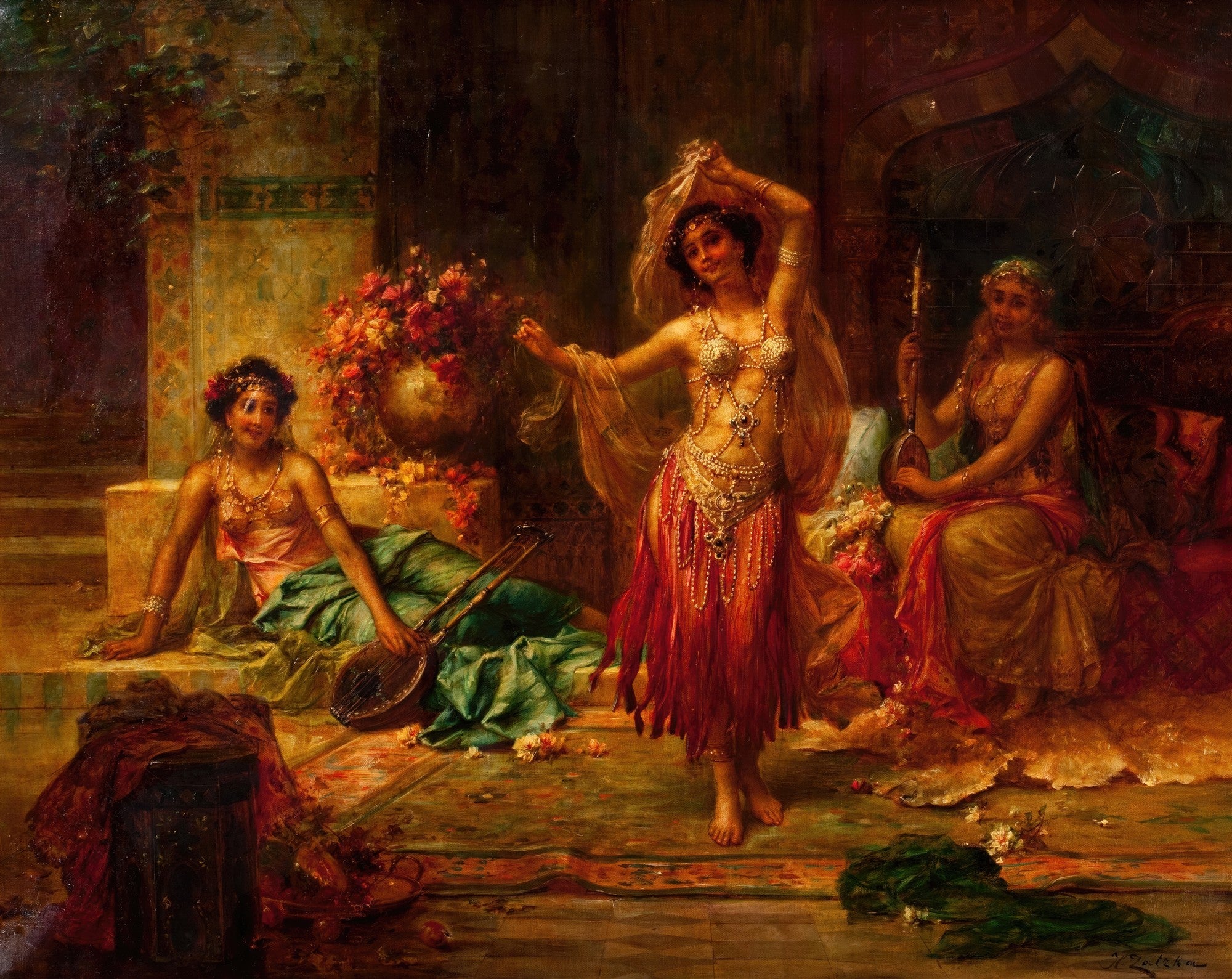 Quadro decorativo com três mulheres em um ambiente oriental, uma dançando com véus e joias, outras duas observando. Cores vibrantes e detalhes luxuosos.