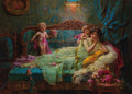 Quadro decorativo "A Oferenda de Flores" de Hans Zatzka, mostrando uma mulher reclinada em um sofá suntuoso, com dois anjos ou cupidos, um oferecendo flores. Cores predominantes verde-água, rosa e dourado, com detalhes ricos e uma atmosfera romântica.
