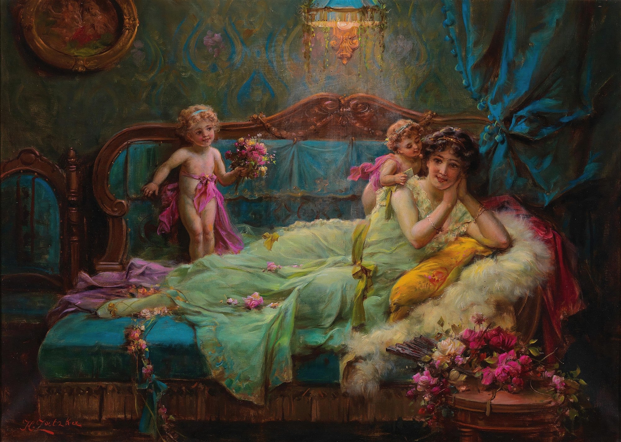 Quadro decorativo "A Oferenda de Flores" de Hans Zatzka, mostrando uma mulher reclinada em um sofá suntuoso, com dois anjos ou cupidos, um oferecendo flores. Cores predominantes verde-água, rosa e dourado, com detalhes ricos e uma atmosfera romântica.