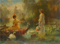 Quadro decorativo "A Oferta Gentil" de Hans Zatzka, retratando duas mulheres em um cenário romântico de jardim com um lago e cisnes. Uma mulher está num barco oferecendo algo à outra que está na margem. Predominam tons pastel e verdes.