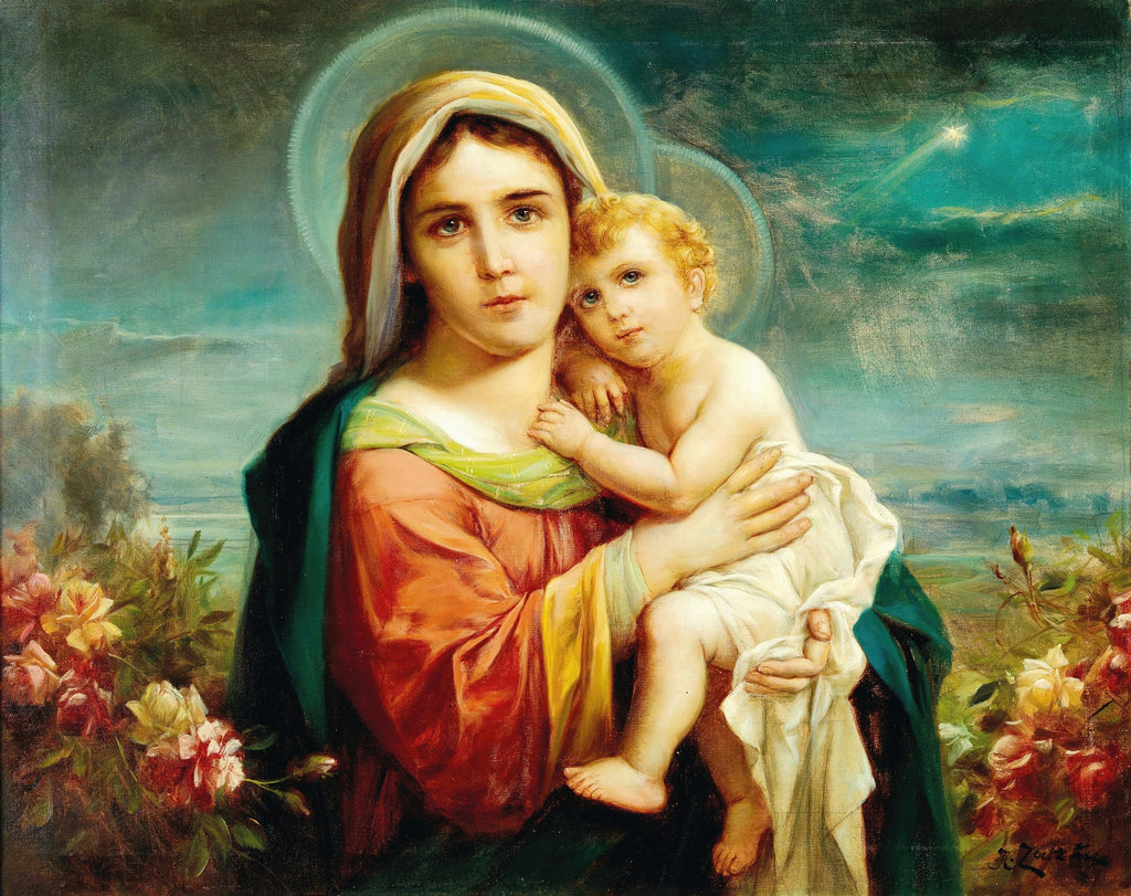 Quadro de Hans Zatzka mostrando a Virgem Maria segurando o Menino Jesus, ambos com auréolas. O fundo apresenta um céu noturno com uma estrela cadente e arbustos de rosas.