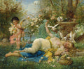 Quadro decorativo "A Mensagem de Amor" de Hans Zatzka, mostra uma mulher deitada em um jardim florido, rodeada por pombas e um anjo (Cupido) com flores. Cores suaves e atmosfera romântica.