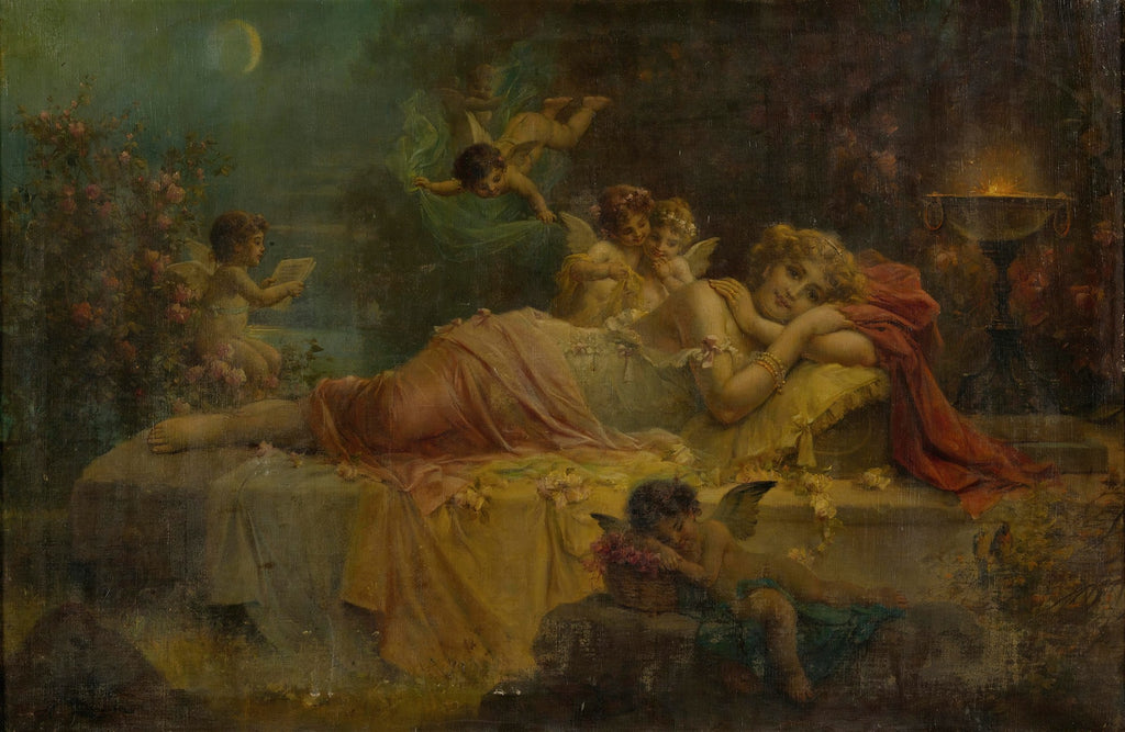 Quadro decorativo mostrando uma mulher deitada dormindo, cercada por anjos e rosas sob a luz da lua, em estilo romântico de Hans Zatzka.