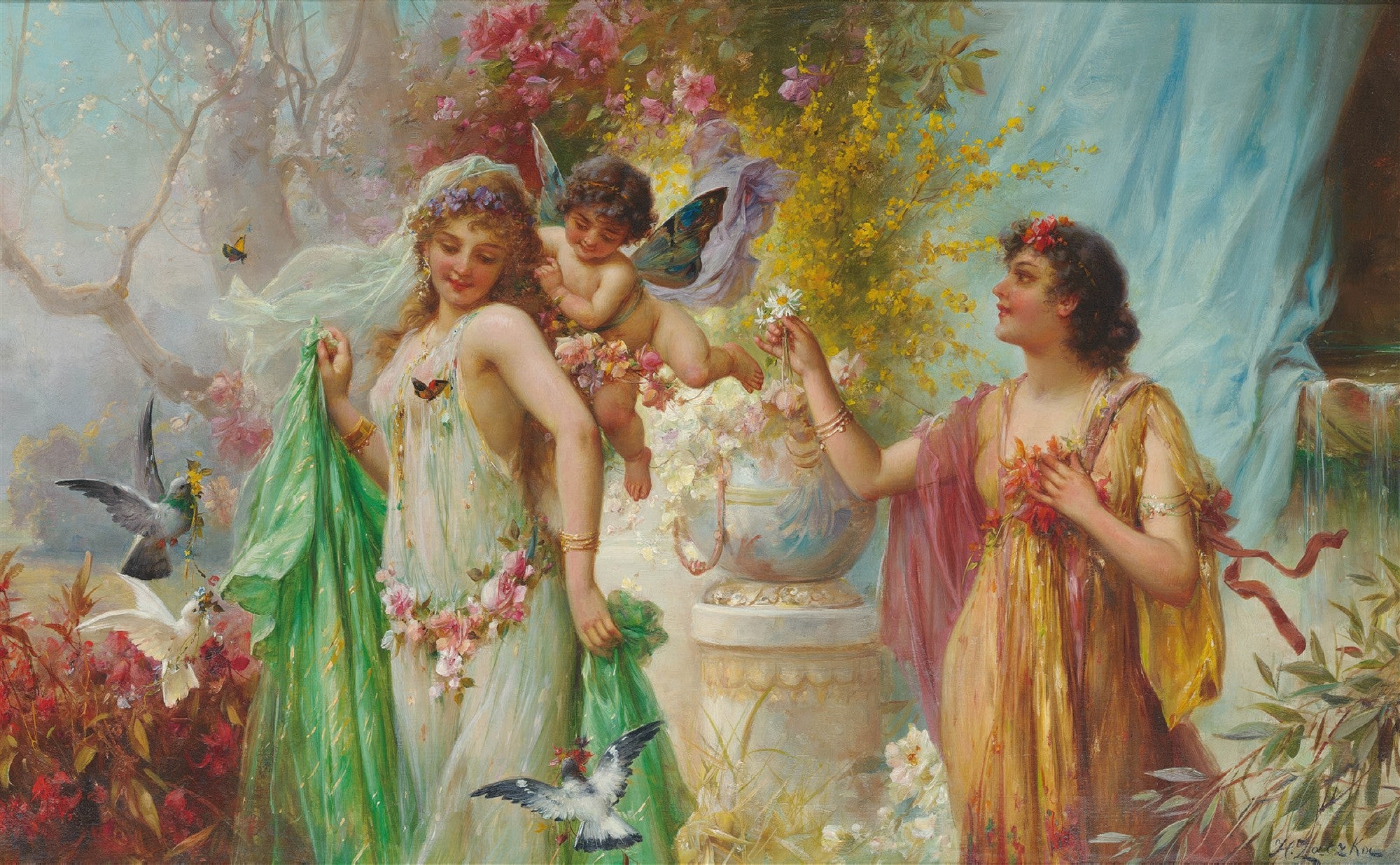 Quadro decorativo 'A Primavera' de Hans Zatzka, retratando duas mulheres etéreas com um cupido alado em um cenário floral exuberante, com pássaros e borboletas.