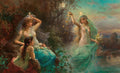 Quadro decorativo Ninfas ao Luar, de Hans Zatzka, retratando três figuras femininas etéreas com véus e flores em um ambiente natural noturno sob a luz da lua.