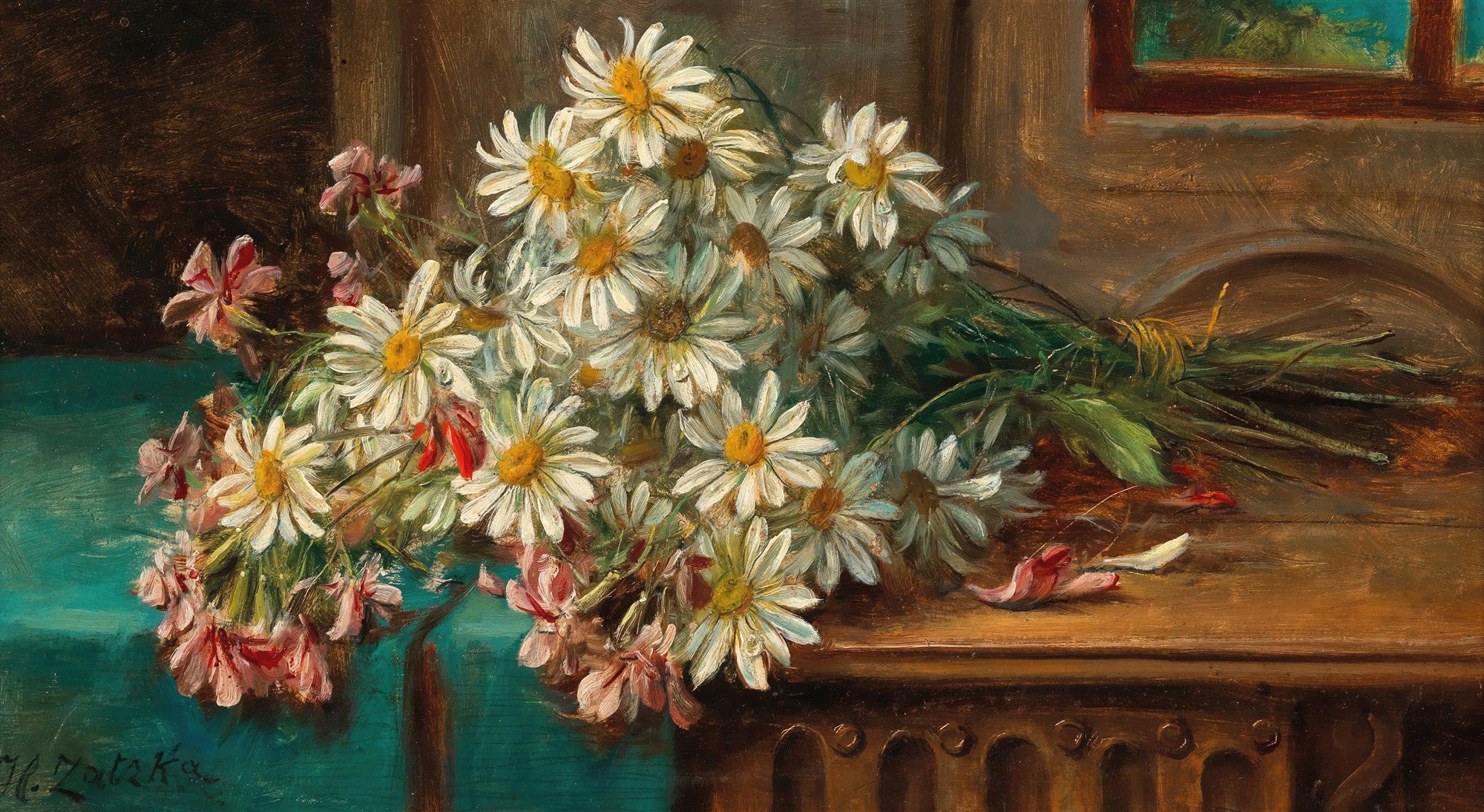 Quadro decorativo com buquê de margaridas brancas e flores rosas sobre uma mesa de madeira, ao estilo de Hans Zatzka.