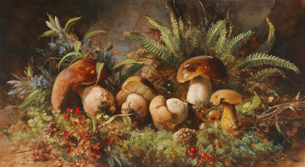 Pintura a óleo de Hans Zatzka retratando uma natureza-morta com cogumelos, musgo, samambaias e flores azuis em um ambiente de floresta escura.