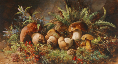 Pintura a óleo de Hans Zatzka retratando uma natureza-morta com cogumelos, musgo, samambaias e flores azuis em um ambiente de floresta escura.