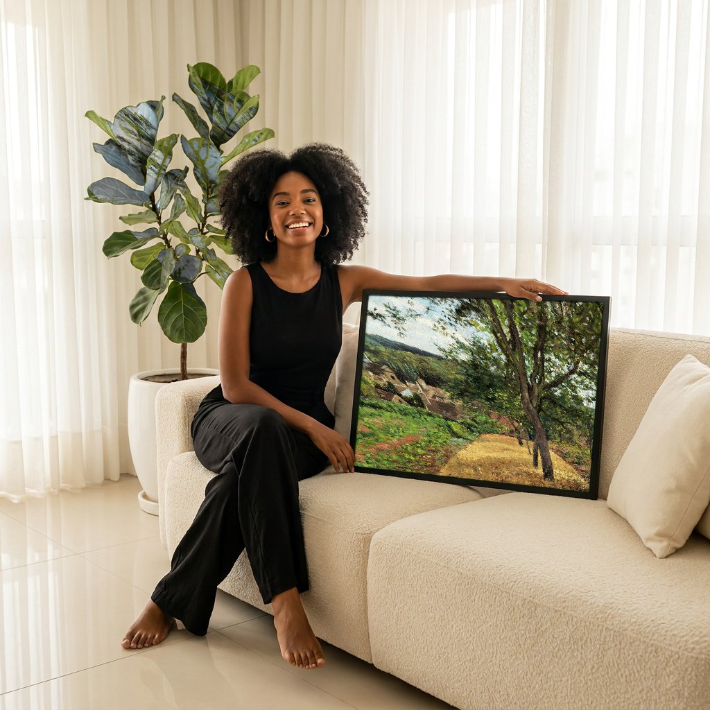 Quadro Decorativo A Colheita de Ervilhas - Pissarro com modelo em ambiente