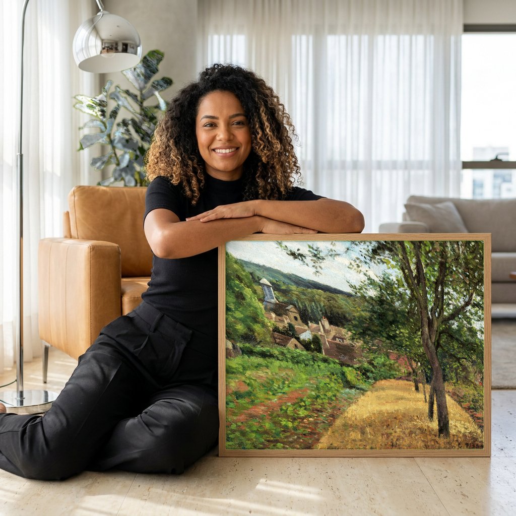 Quadro Decorativo A Colheita de Ervilhas - Pissarro com modelo em ambiente