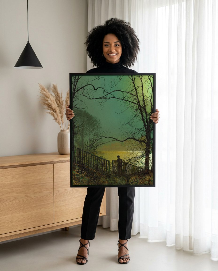 Quadro Decorativo Noite ao Lago - Grimshaw com modelo em ambiente
