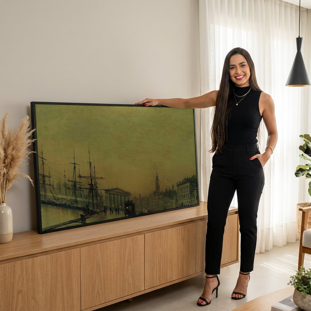 Quadro Decorativo Porto à Noite - Grimshaw com modelo em ambiente