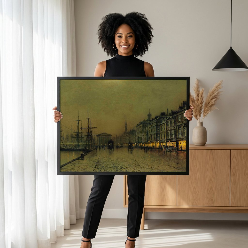 Quadro Decorativo Porto à Noite - Grimshaw com modelo em ambiente