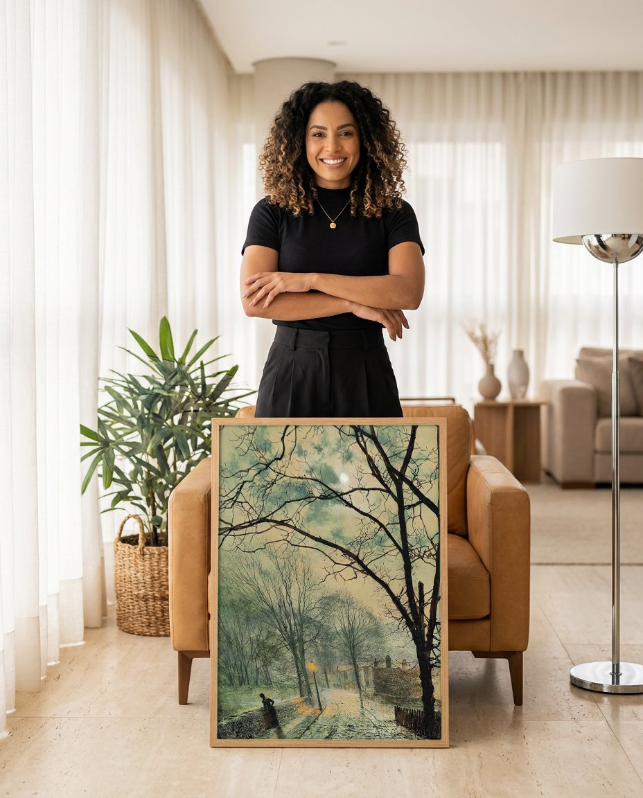 Quadro Decorativo Noite Luar - Grimshaw com modelo em ambiente
