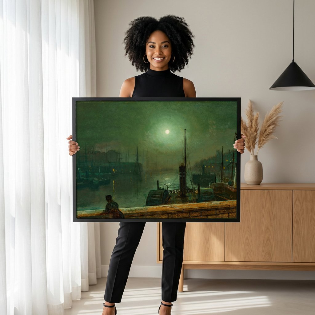 Quadro Decorativo Porto ao Luar - Grimshaw com modelo em ambiente