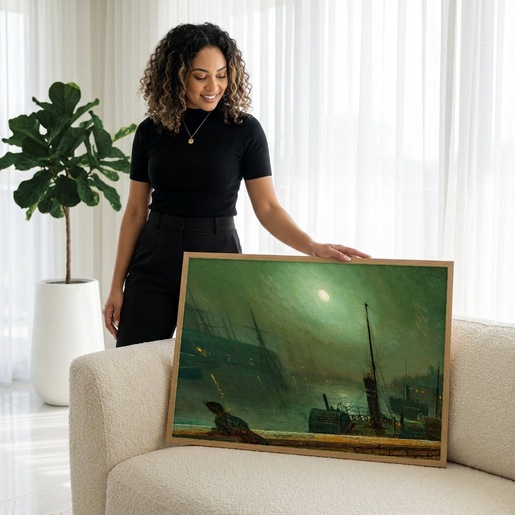 Quadro Decorativo Porto ao Luar - Grimshaw com modelo em ambiente