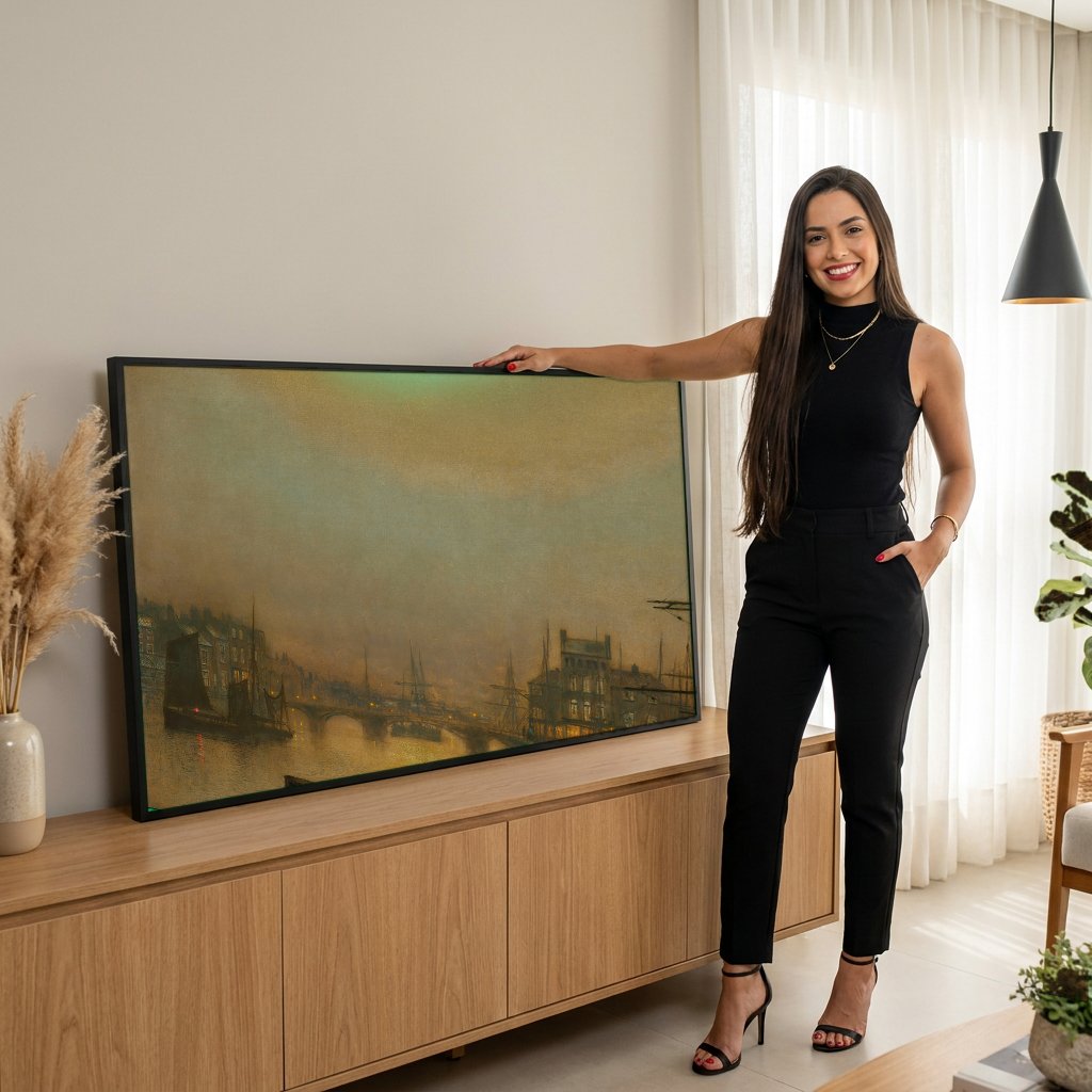 Quadro Decorativo Porto Noturno - Grimshaw com modelo em ambiente