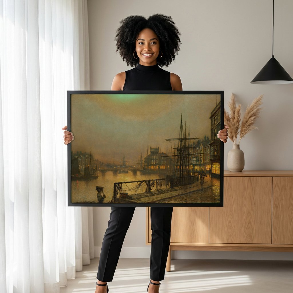 Quadro Decorativo Porto Noturno - Grimshaw com modelo em ambiente