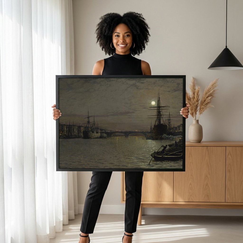 Quadro Decorativo Porto à Noite - Grimshaw com modelo em ambiente