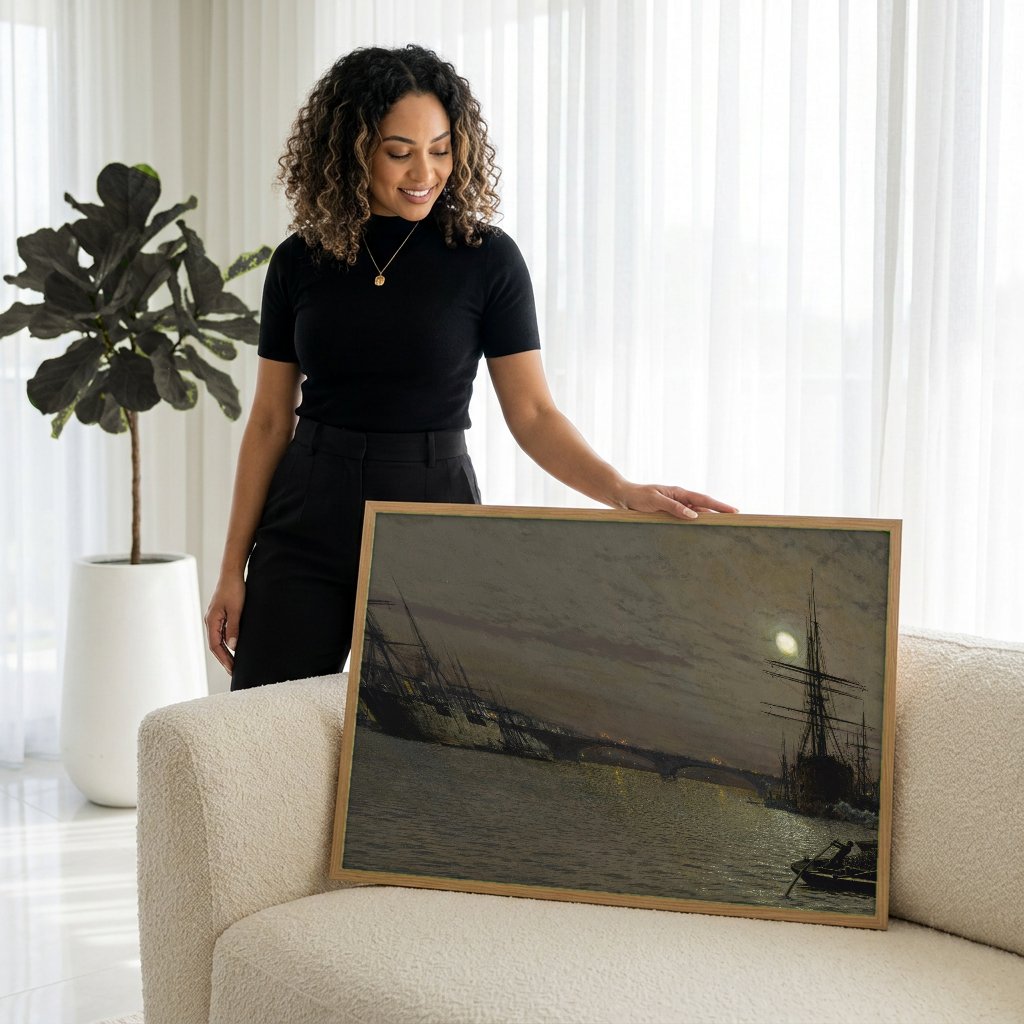 Quadro Decorativo Porto à Noite - Grimshaw com modelo em ambiente