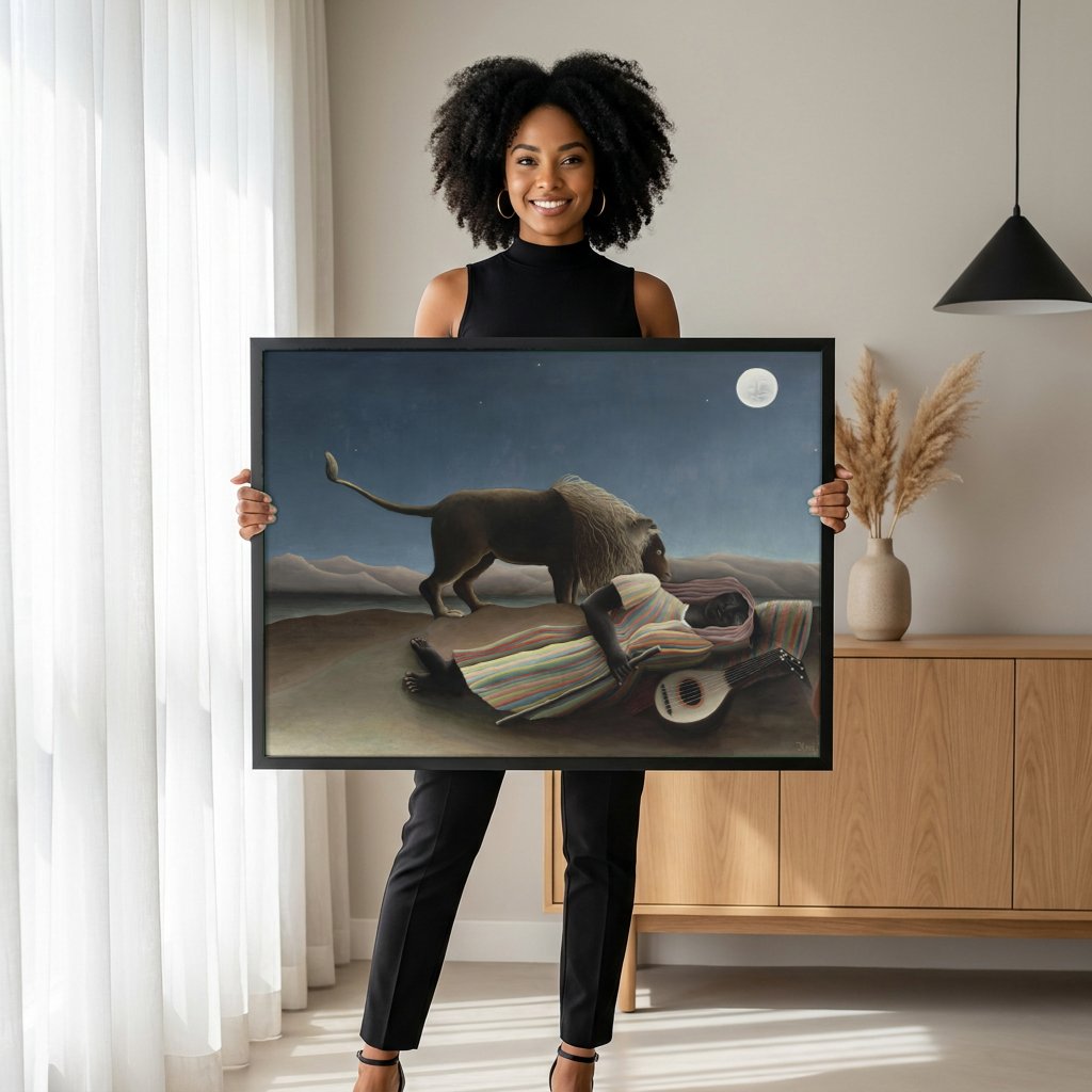 Quadro Decorativo A Cigana Adormecida - Henri Rousseau com modelo em ambiente