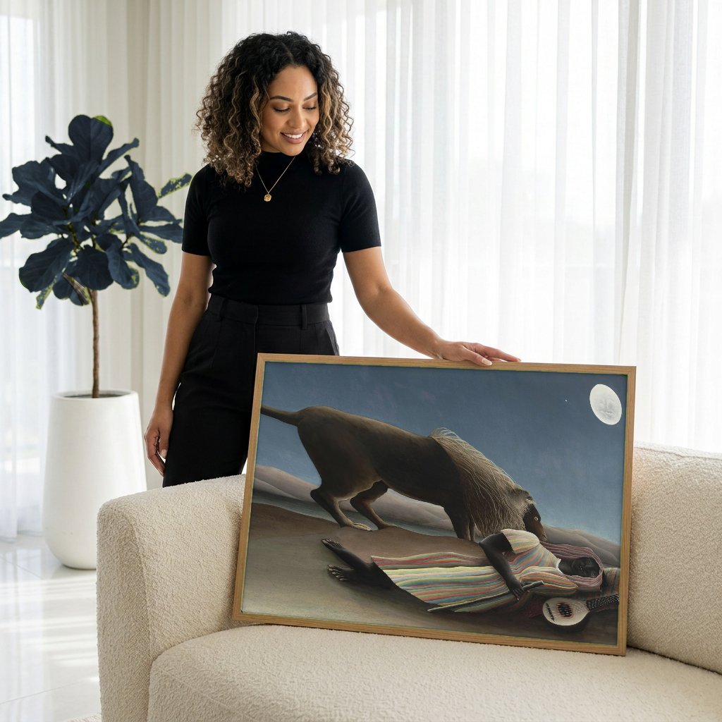 Quadro Decorativo A Cigana Adormecida - Henri Rousseau com modelo em ambiente
