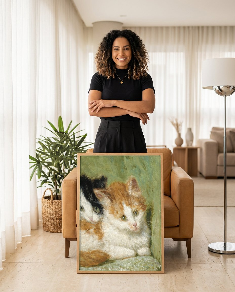 Quadro Decorativo Dois Gatinhos Fofos - Henriëtte Ronner-Knip com modelo em ambiente