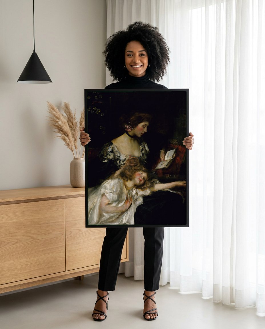 Quadro Decorativo A Leitura (ou Companheiras) - James Jebusa Shannon com modelo em ambiente