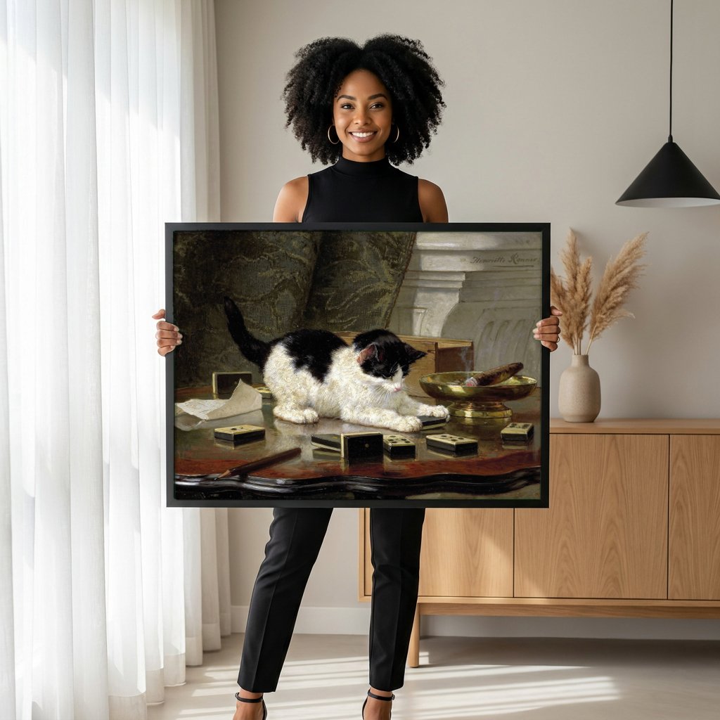 Quadro Decorativo Gatinho Brincalhão - Henriëtte Ronner Knip com modelo em ambiente