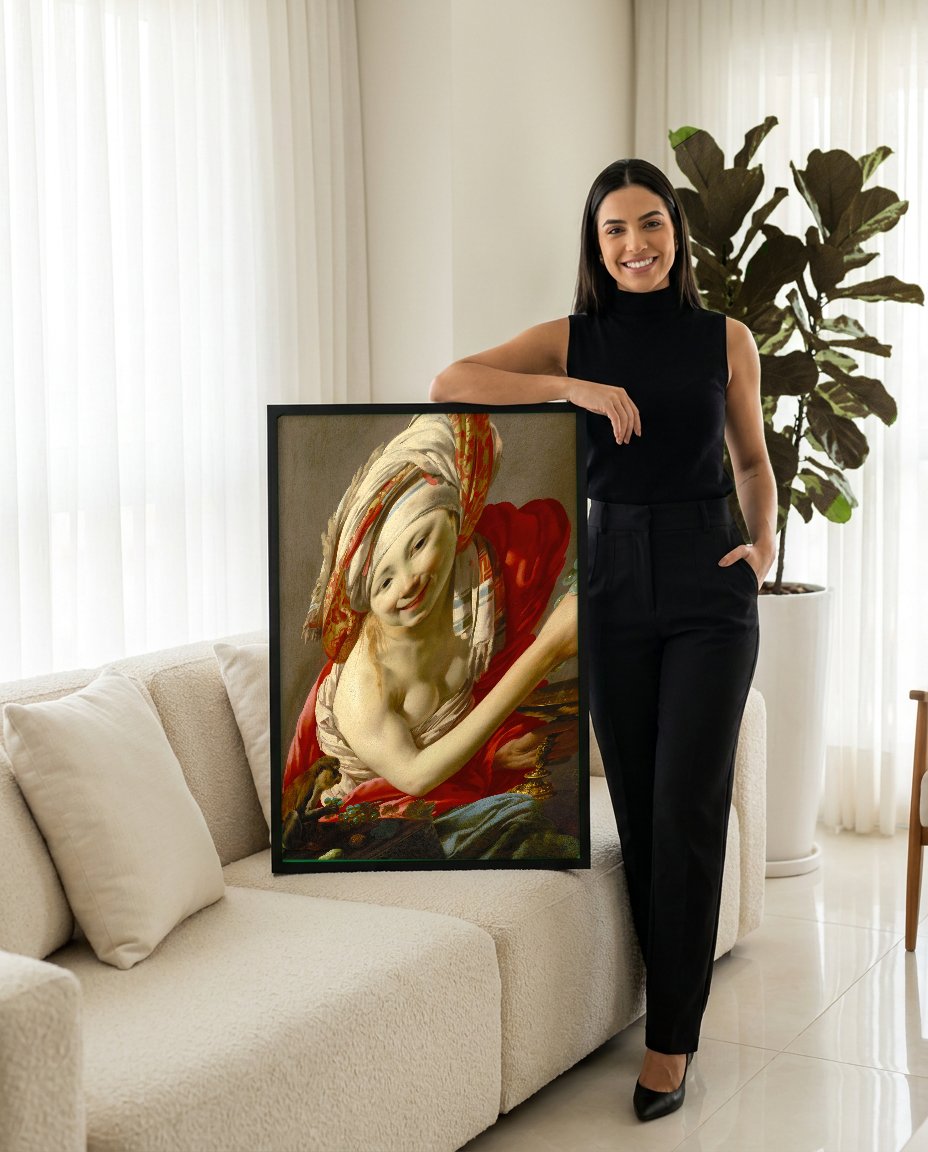 Quadro Decorativo A Jovem e o Macaco - Hendrick ter Brugghen com modelo em ambiente