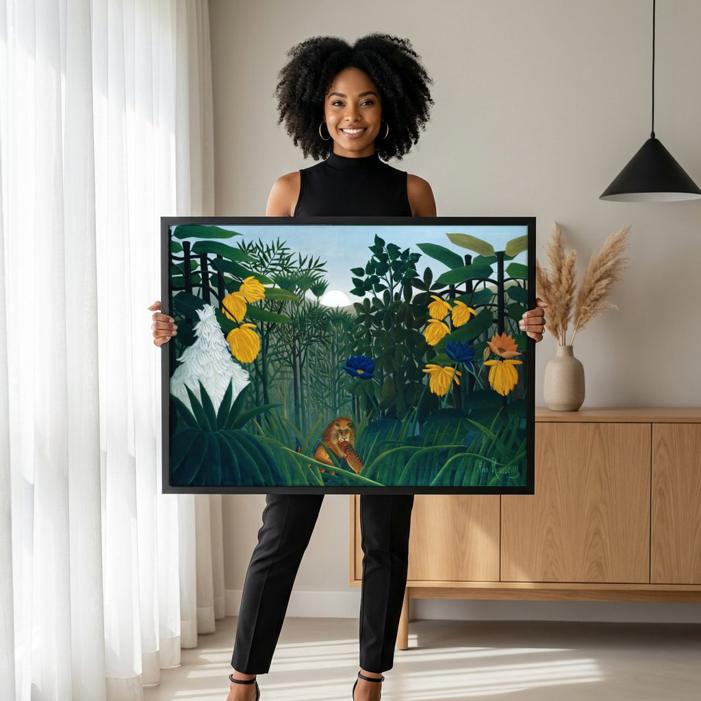 Quadro Decorativo A Selva Equatorial - Henri Rousseau com modelo em ambiente