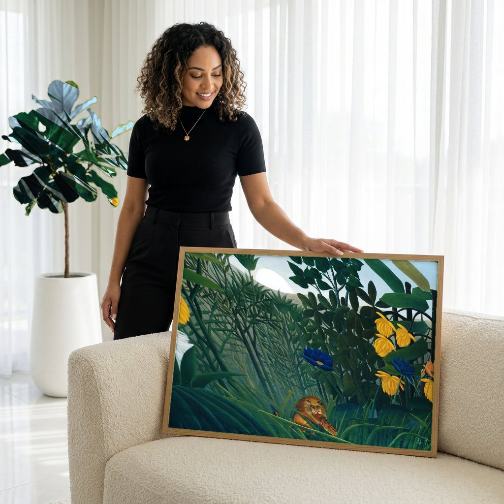 Quadro Decorativo A Selva Equatorial - Henri Rousseau com modelo em ambiente