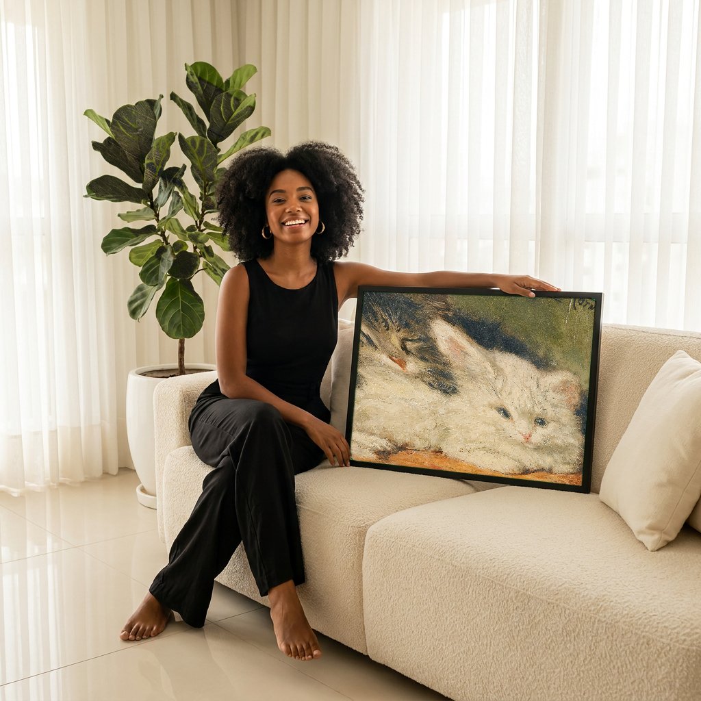 Quadro Decorativo Gatinhos Adoráveis - Henriëtte Ronner Knip com modelo em ambiente